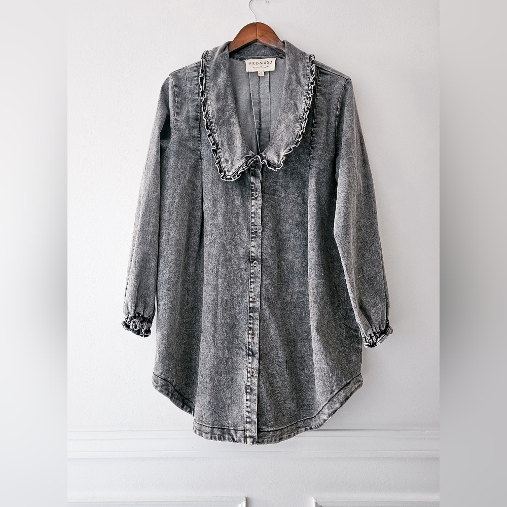 Storm acid-wash denim ruffled tunic